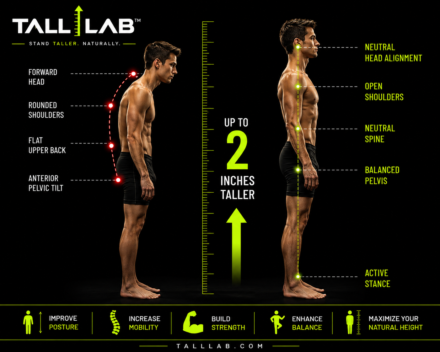 Side-by-side posture comparison: slouched posture on the left with red markers for forward head, rounded shoulders, flat upper back and anterior pelvic tilt; upright posture on the right with green markers for neutral head alignment, open shoulders, neutral spine, balanced pelvis and active stance, with a lime ruler and 'Up to 2 inches taller' arrow between them